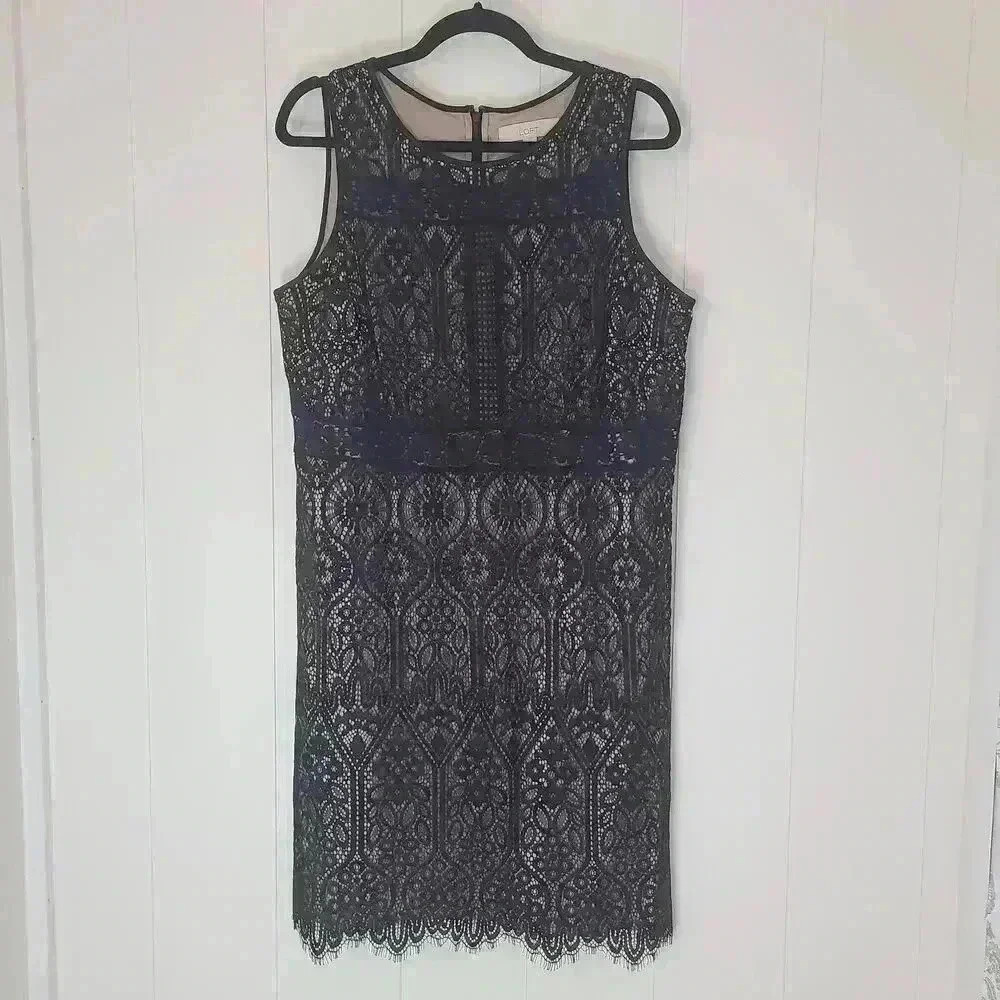 LOFT black Lace A line Dress Lined Sleeveless Lightweight Size 14 - Picture 1 of 10